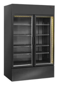 Хладилна витрина за напитки с отваряеми врати и панел, 1200 л, клас F, черна