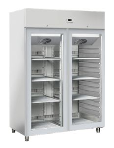 Среднотемпературен хладилен шкаф с 2 стъклени врати, GN 2/1, клас E, INOX