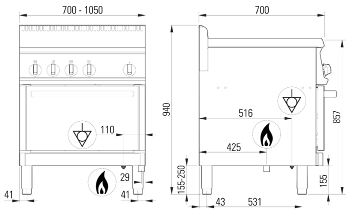 Печка с газова фурна GN 2/1 7 kW и 4 горелки 2 х 6 kW и 2 х 3,5 kW - kuhnensko.com Печка с газова фурна GN 2/1 7 kW и 4 горелки 2 х 6 kW и 2 х 3,5 kW